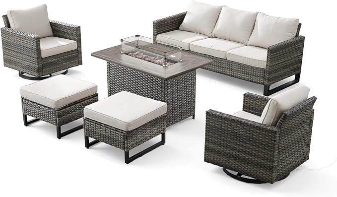 Patio Furniture Set with Fire Pit Table-6 Pieces All Weather Outdoor Swivel Chairs Set of 2 with Patio Sofa and Ottomans, Patio Conversation Sets for Porch Deck Garden Backyard(Grey/Beige)