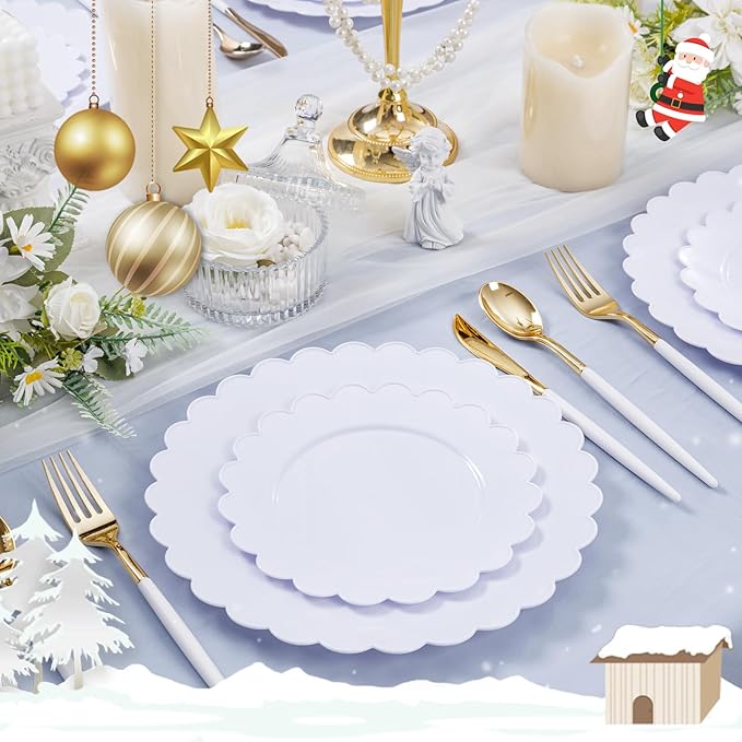 SUT 72-Pack 10.25 Inch White Heavy Duty Plastic Dinner Plates, Disposable Plates, Scallop Plates for Parties, Events, and Occasions