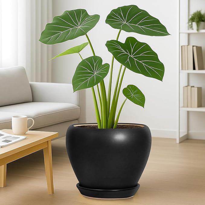 Deep Dream 10 Inch Plant Pot- Ceramic Planter Pot Round Plant Pots for Indoor Plants Outdoor Large Flower Pot with Drainage Holes & Trays, Black