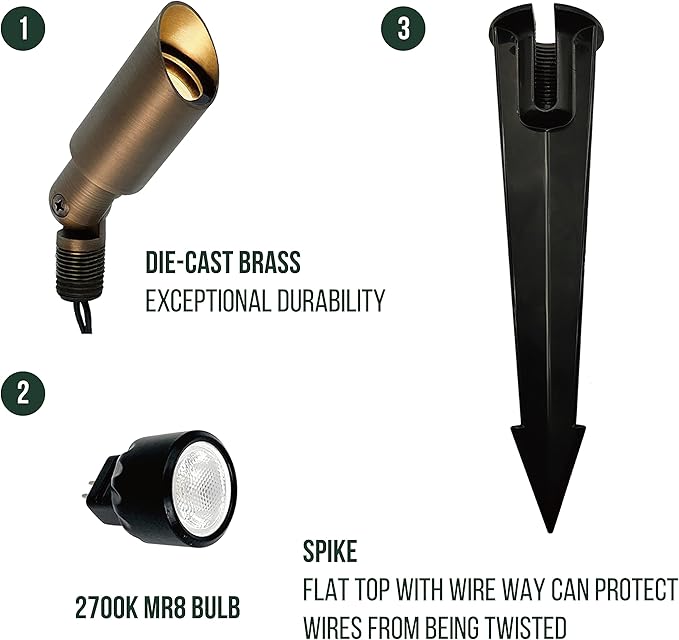 GKOLED Mini Size Brass Landscape Spotlight, Low Voltage 12V AC/DC Outdoor Directional Up Light, 180 LM, 3W MR8 LED Bulb ABS Ground Stake, 2700K Garden Patio Trees Spot Uplight (Pack of 10)