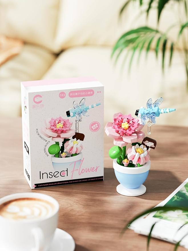 Dragonfly Lotus Mini Flower Cute Insects Potted Plant Bonsai Building Toy Blocks Particle Set Small Flowers Botanical