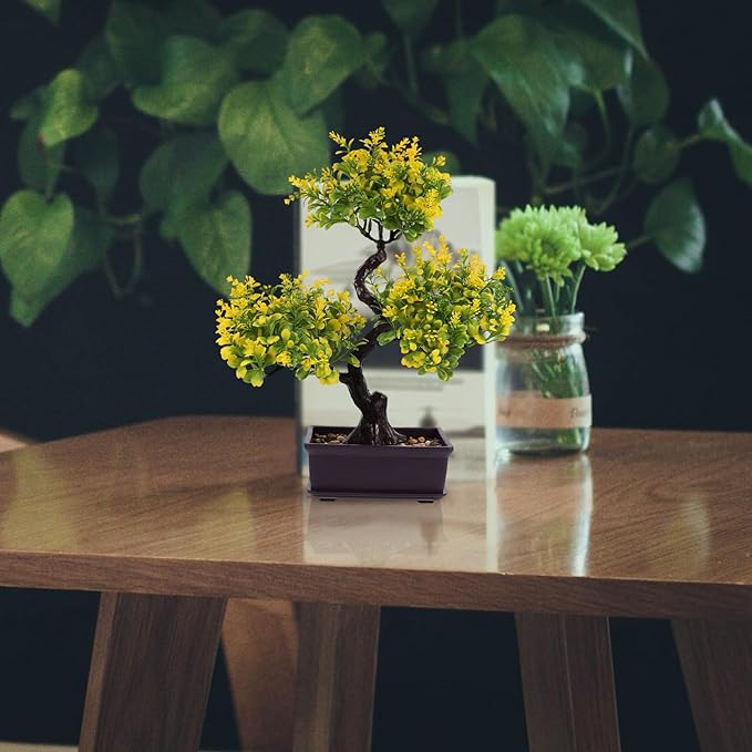 Cabilock Artificial Bonsai Tree, Fake Potted Bonsai Plants Decoration, Simulation Faux Plants Decor, Desktop Realistic Welcoming Pine Ornament for Home Office Entryway Chests Decor, Yellow