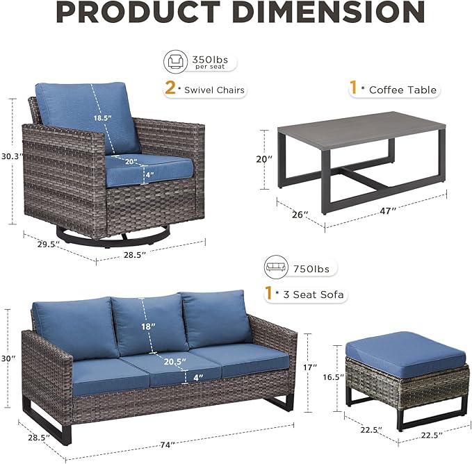 6 Pieces Patio Furniture Set-All Weather Outdoor Swivel Rocker Patio Chairs with 3-Seat Section Couch and Rattan Coffee Table Outdoor Conversation Sets for Garden Backyard Deck(Grey/Blue)