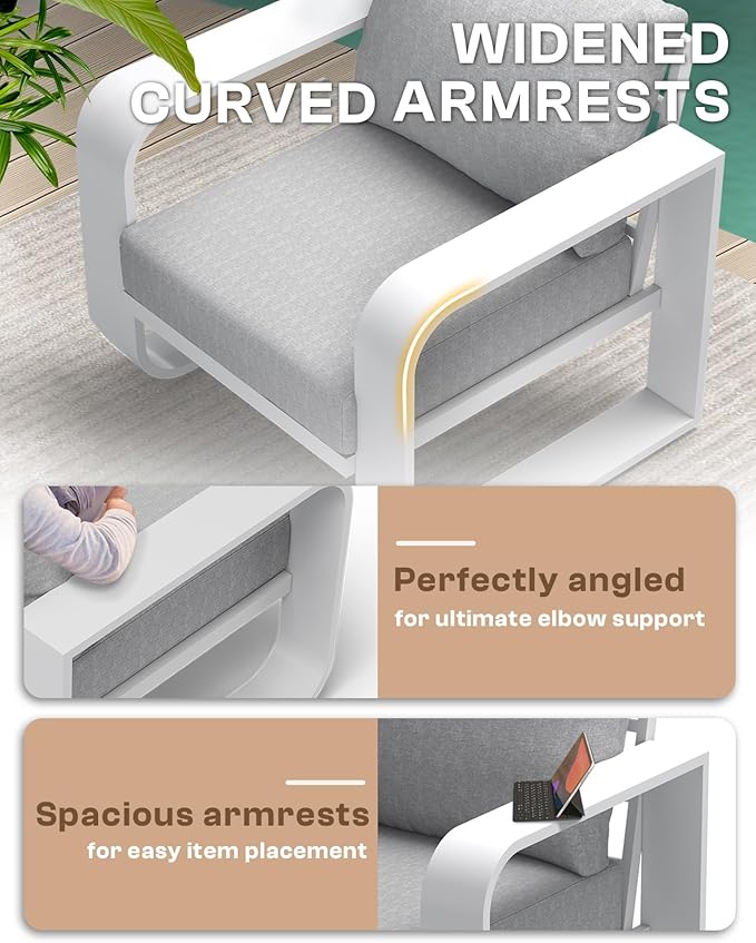 Aluminum Outdoor Patio Furniture Set 5 Piece, Oversized Patio Conversation Sets Widened Armrest & Ultra-Thick Cushions, Deep Seating Modern Sectional Furniture for Backyard, Porch, White