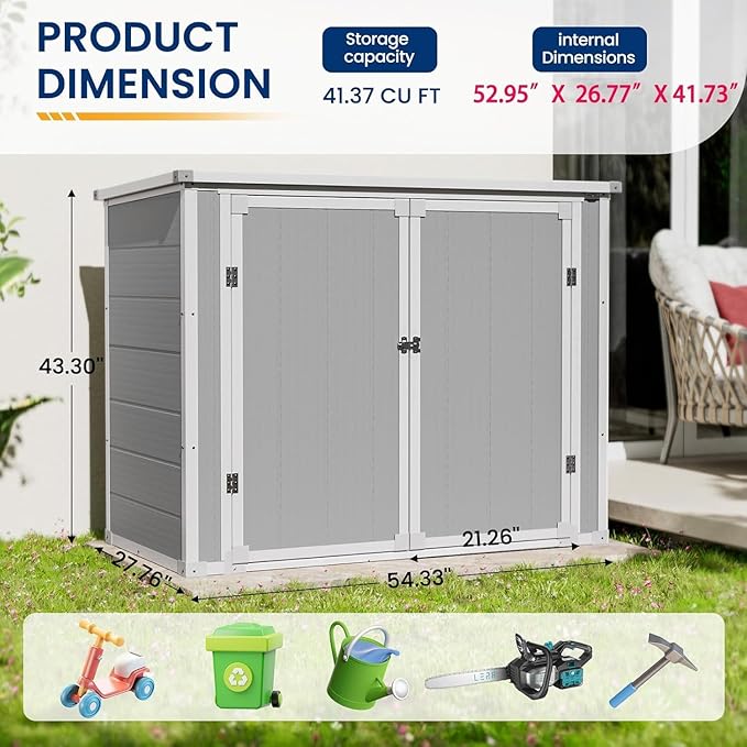 Amopatio 41 Cu Ft Horizontal Outdoor Storage Shed, Resin Trash Can Storage Weather Resistance, Garbage Can Shed for Garden Tools, Lawn Mowers, Garbage Cans, Patio Use, Grey
