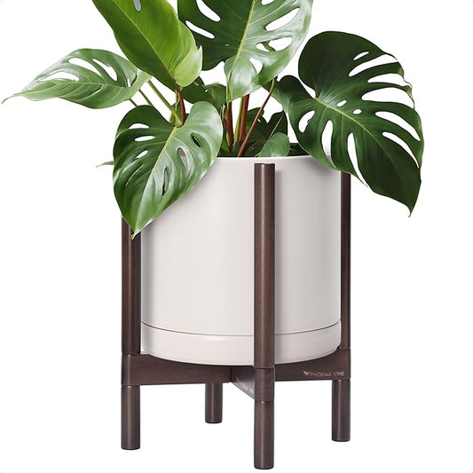 D'vine Dev Ceramic Planter with Walnut Color Stand - 12 Inch Modern Round Flower Pot with Wood Planter Holder, Oatmeal, 55-B-W-8