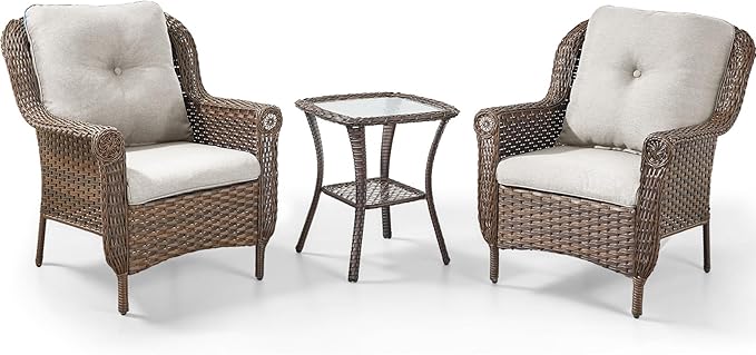 3 Piece Patio Brown Wicker Chairs with Side Table - Outdoor High Back Heavy Duty All-Weather Lawn Dining Rattan Chair Conversation Bistro Set for Deck Porch Balcony Backyard Garden - Beige