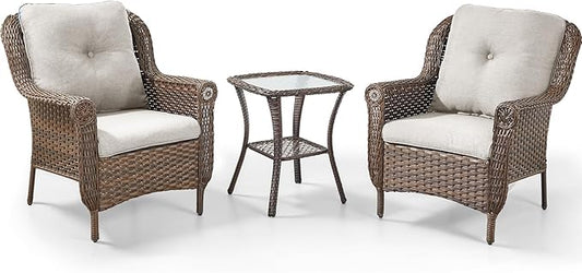 3 Piece Patio Brown Wicker Chairs with Side Table - Outdoor High Back Heavy Duty All-Weather Lawn Dining Rattan Chair Conversation Bistro Set for Deck Porch Balcony Backyard Garden - Beige