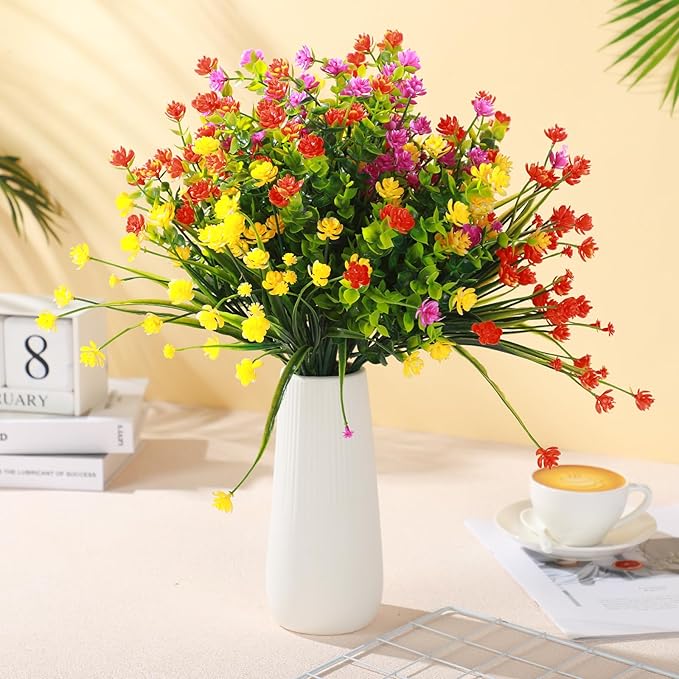 WILLBOND 48 Bundles Artificial Flowers Outdoor,UV Resistant Faux Plastic Plants Greenery Shrubs Flower Bulk for Hanging Planter Porch Window Home Wedding Spring Summer Decor (Bright Color)