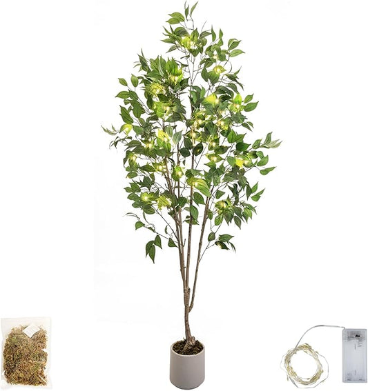 Artificial Fake Ficus Tree 6FT Tall 1Pack with String Lights & White Planter & Free Moss, Artificial Plants Indoor, Artificial Trees for Home Decor Indoor, Faux Ficus Tree