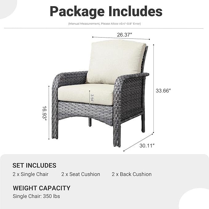 ovios 2 Pieces Patio Furniture Set, Outdoor Wicker Chairs of 2, All Weather High Back Rattan Chairs 2-Seater with Comfy Cushions for Porch Deck, Beige