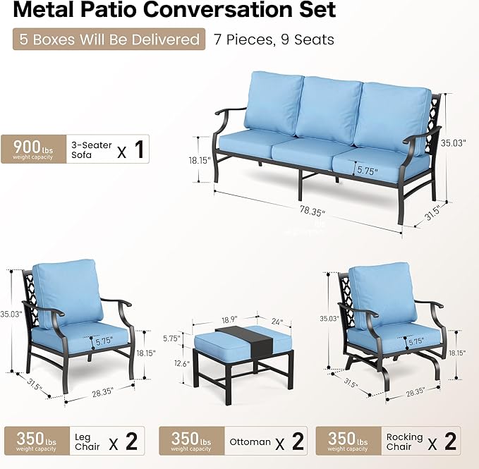 7 Piece Metal Outdoor Patio Furniture Sets, Patio Conversation Sets 1 3-seater Sofa, 2 Fixed Chair, 2 Rocking Chair, 2 Ottomans with 5.75" Thick Cushion, Black Backyard Furniture, Blue