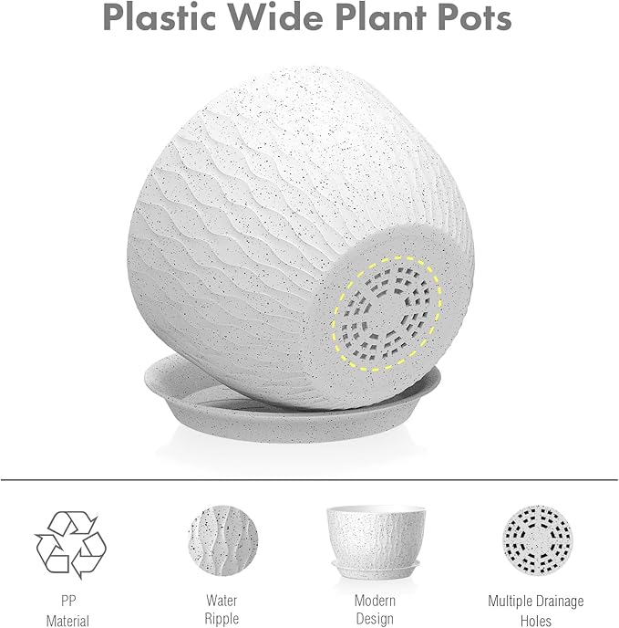12/10/9 inch Large Flower Pots, 3 Set Big Plant Pots for Outdoor Indoor Plants with Water Ripples, Wide Plastic Planters with Drainage Holes and Saucers for Garden House Plants, Speckled White