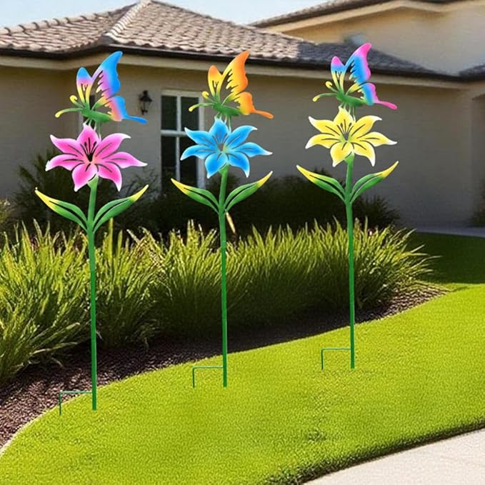 Metal Flowers for Outside, 30.3-22.4" 3-Pack Metal Colorful Butterfly & Flower Decorative Garden Stakes for Spring Garden Decor, Yard Art Decorations for Patio Lawn Ornaments