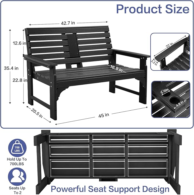 Outdoor Bench Weatherproof - HDPE 2-Person Garden Bench with Cup Holders, Bench Furniture with Backrest and Armrests, 700 lbs Capacity, Patio Park Bench for Front Porch Backyard Park (Black)