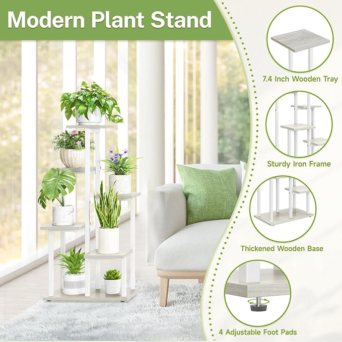 iDavosic.ly 6 Tier Plant Stand Indoor, Tiered Corner Plant Shelf for Multiple Plants, Metal Wood Tall Plant Display Rack Flower Holder for Patio Porch Garden Balcony Bedroom, White