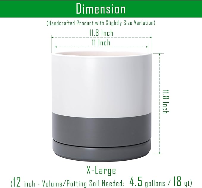 D'vine Dev 12 Inch Ceramic Planter Pot with Drainage Hole and Saucer, Indoor Cylinder Round Planter Pot, White/Speckled Grey, 94-O-F-6