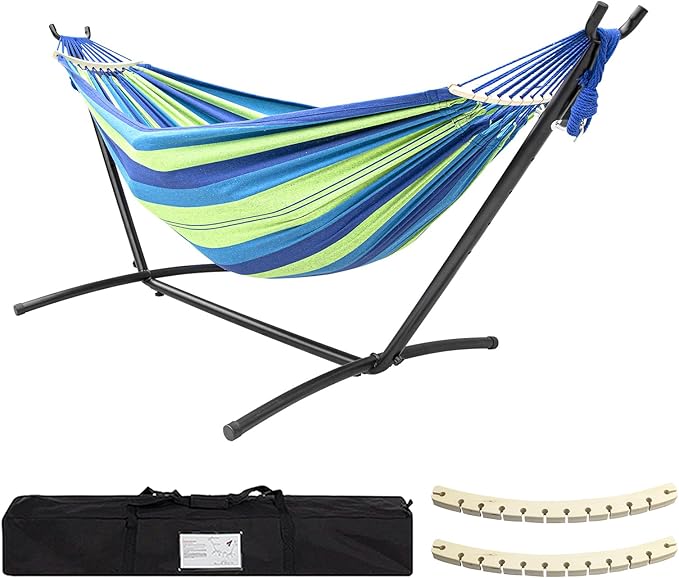 SZHLUX Double Hammock with Stand Included 450lb Capacity Steel Stand, Premium Carry Bag Included.Indoor Outdoor Brazilian-Style Cotton Bed for Backyard, Camping,Garden,Green