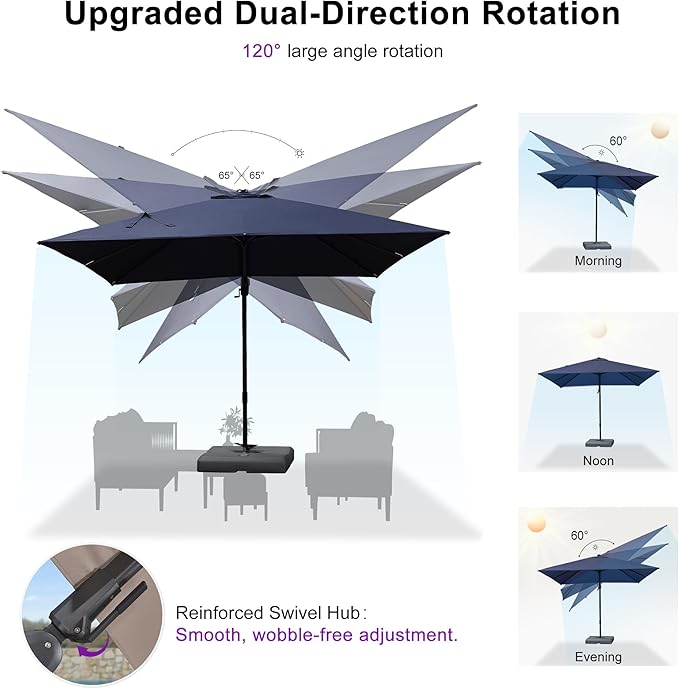 PURPLE LEAF 10' X 10' Swivel Outdoor Patio Aluminum Umbrella with Base Left-right Tilting Cantilever Offset Umbrella with UV Resistant Heavy Duty Fabric for Deck Pool Patio Backyard, Ocean Slate