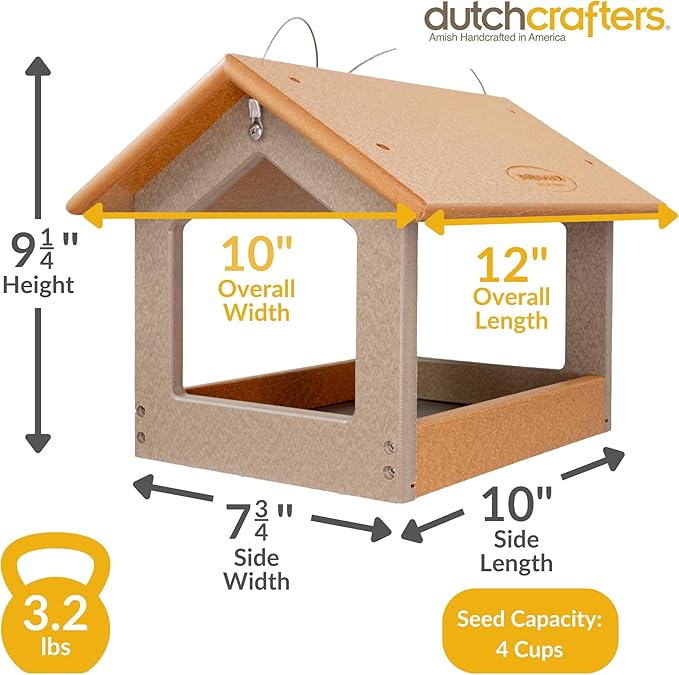 DutchCrafters Amish USA Made Recycled Plastic Large Hanging Modern Fly Through Covered Roof Open Platform Tray Bird Feeder for Outdoors, Garden, Yard (Cedar & Weatherwood)