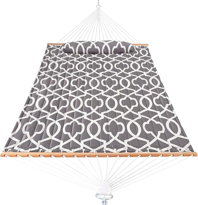Lazy Daze Hammocks 12FT Quilted Fabric Hammock with Pillow, Double 2 Person Hammock with Spreader Bar for Outdoor Outside Patio Garden Yard, 450lbs Weight Capacity, HMQF-001GF