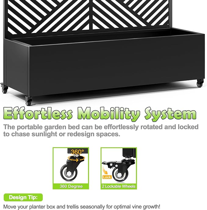 15.7"×70.9"×47.2" Metal Raised Garden Bed with Trellis and Wheels - Tall Trellis Planter Box for Climbing Plants, Vegetables & Vines - Outdoor Privacy Planters for Patio (Black-Zodiac)