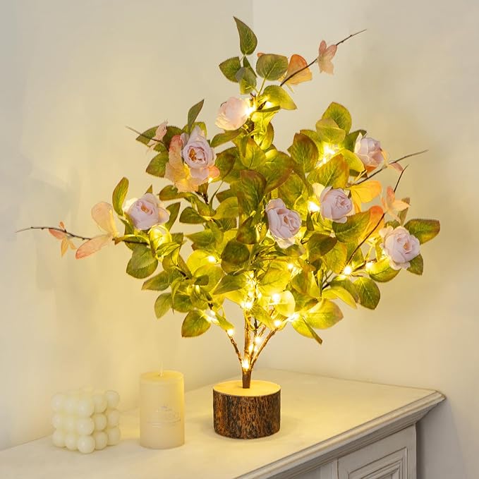 19 Inch Artificial Rose Tree Lights, Faux Silk Flower Tree with Butterfly Ivy, Prelit Tabletop Tree with Timer for Living Room Home Indoor Outdoor Decor (Pink Green)