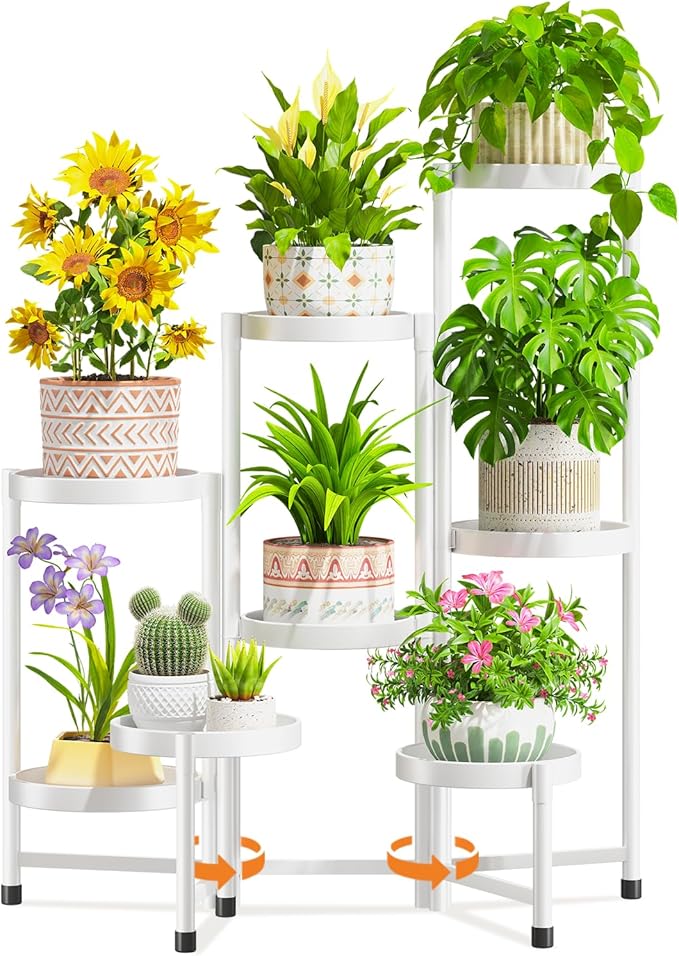 LASZOLA 8 Tiered Folding Plant Stand Indoor for Multiple Large Planter, Tall Heavy Duty Adjustable Rack with Rust Proof 10 Inch Wide Tray, Sturdy Vertical Tree Organizer for Narrow Inside Floor, White