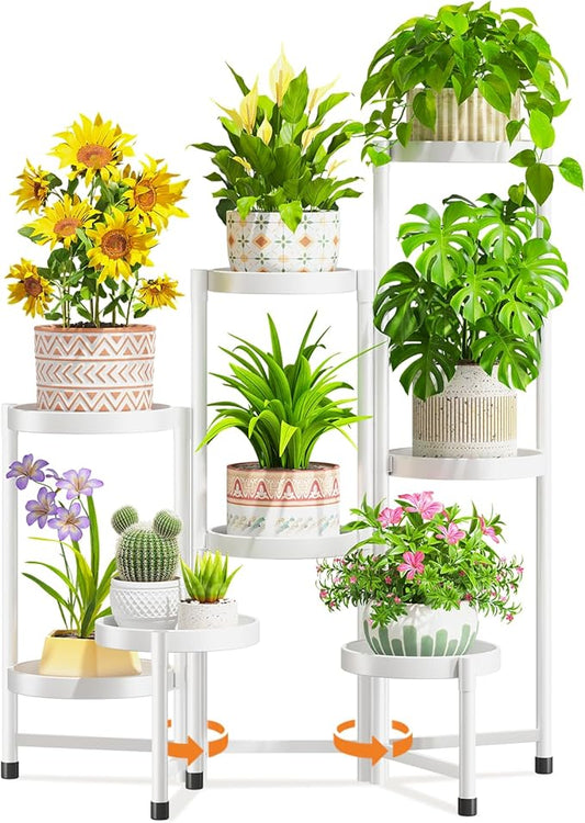 LASZOLA 8 Tiered Folding Plant Stand Indoor for Multiple Large Planter, Tall Heavy Duty Adjustable Rack with Rust Proof 10 Inch Wide Tray, Sturdy Vertical Tree Organizer for Narrow Inside Floor, White