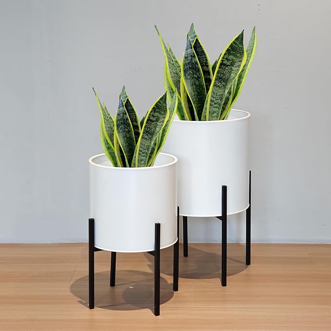 ARNIS Modern Plant Pots, Large Planters with Stand, Set of 2 Decorative Planters, Metal Pots with Drainage Holes for Living Room, Office, Garden or Balcony, 10.5 &12.25 Inch, White
