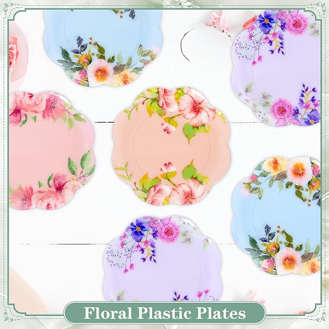 60Pcs Floral Plastic Plates - 7.5inch Dessert Plate Disposable - Heavy Duty Tea Party Plates - Premium Flower Plate Decorations for Birthday Baby Shower Wedding Party Supplies