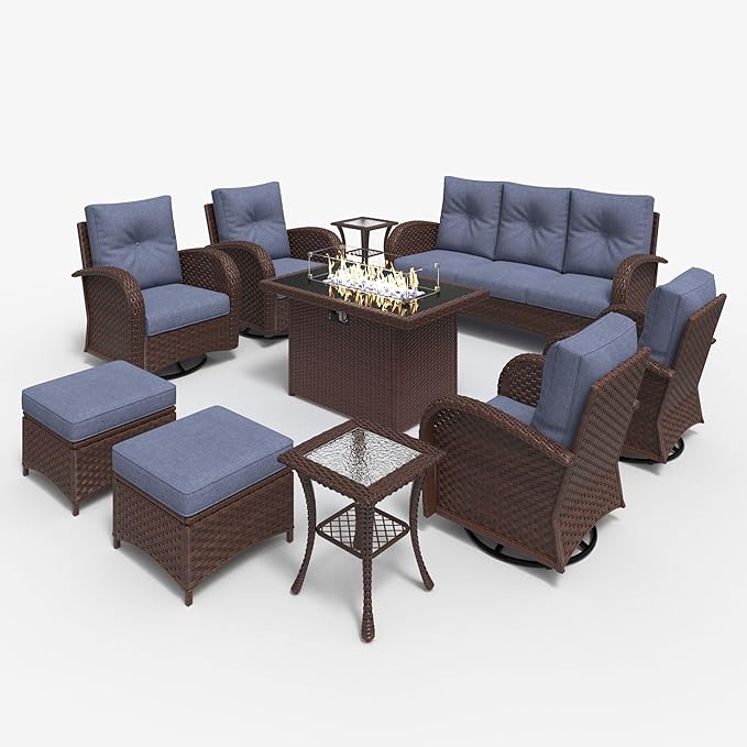 LayinSun 10 Pieces Outdoor Patio Furniture Set with Fire Pit Table, Rattan Wicker Sectional Swivel Rocker Chairs Sets