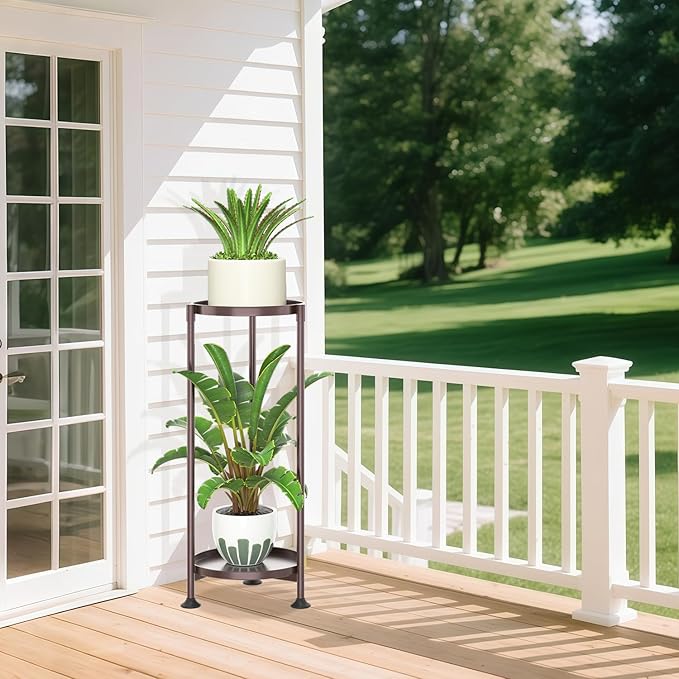 LASZOLA 2 Tier Bronze Plant Stand Indoor for Large Tall Heavy Duty Flower Planter, Metal Vertical Multi Level Rack for Narrow Floor Corner, Sturdy Round Holder Organizer, Modern, Mid Century, Farmhouse