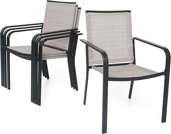 5-Piece Outdoor Patio Dining Set, 40-Inch Round Glass Table with 4 Stackable Chairs, Beige Grey