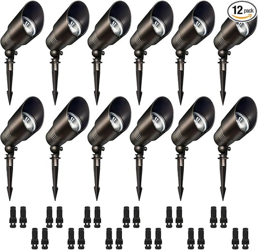 Low Voltage Spot Lights, 2700K-5000K Adjustable, 7W, 520LM, IP65 Waterproof, CRI 90+, 12-24V AC/DC, Outdoor Landscape Light for Garden, Yard, Bronze, ETL Listed, 12-Pack