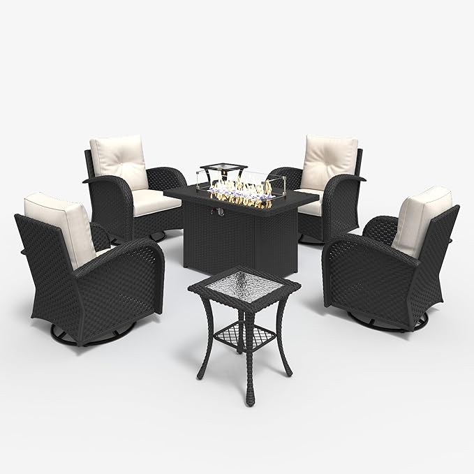 LayinSun 7 Pieces Outdoor Patio Furniture Set with Fire Pit Table, Rattan Wicker Sectional Swivel Rocker Chairs Sets