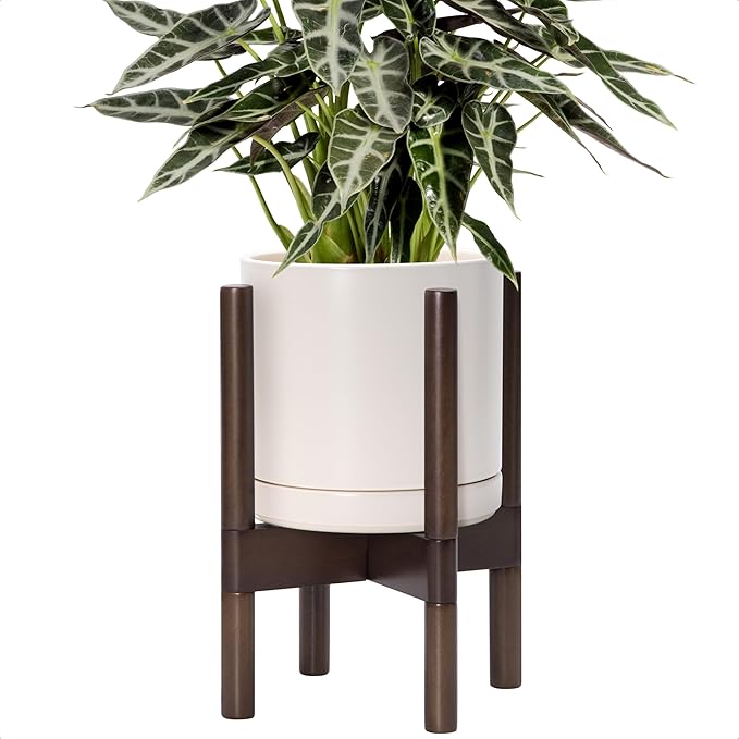 D'vine Dev Ceramic Planter with Walnut Color Stand - 8 Inch Modern Round Flower Pot with Wood Planter Holder, Oatmeal, 55-B-Y-8