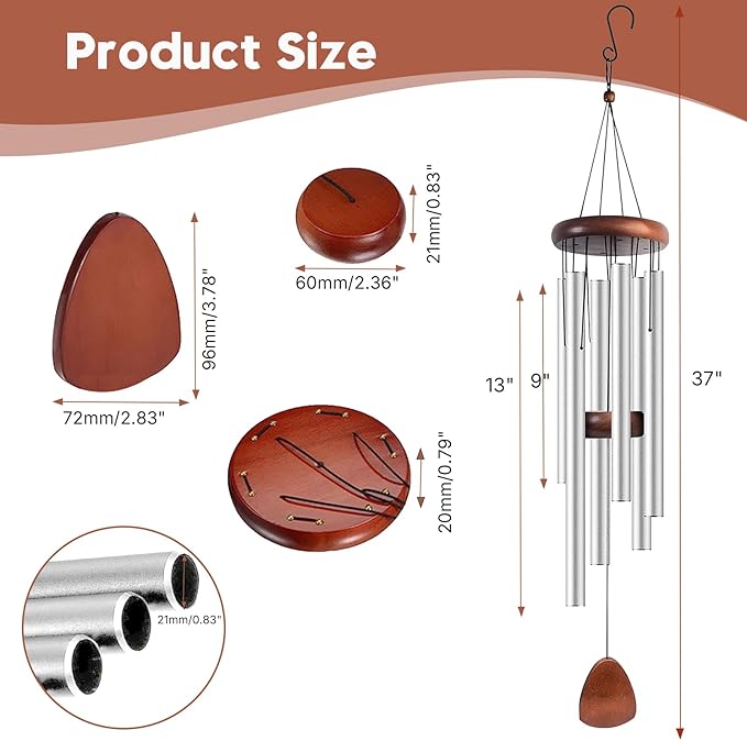 Aluminum Wind Chimes for Outdoor Garden and Yard with Soothing Deep Tones, Creates a Peaceful Ambiance with Sophisticated Wind Catcher, Ideal Calming Gift for Families (Silver, 37 Inches)