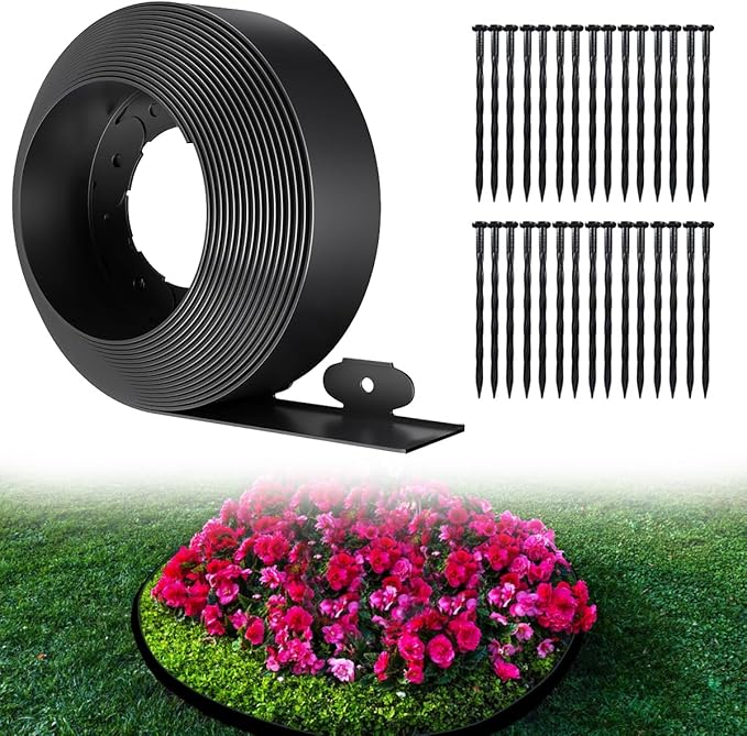 Landscape Edging, 33ft x 4inch Tall Plastic Garden Edging Border with 30 Spikes, Lawn Edging for Landscaping Flower Bed, Yard, Patio-Black