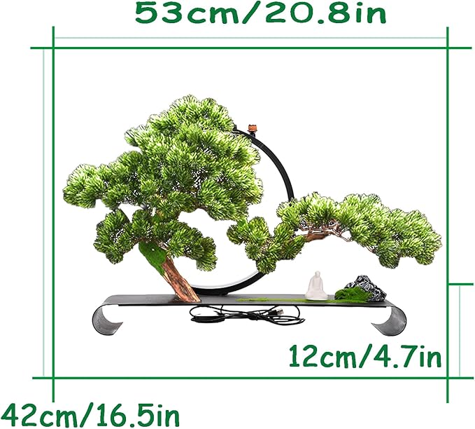 Zen Artificial Tree with Lamp Rings, Realistic Simulation Bonsai, Welcome Pine Faux Potted with Backflow Incense, Artificial Bonsai for Home Office Garden Patio Farmhouse Decoration (Pines)