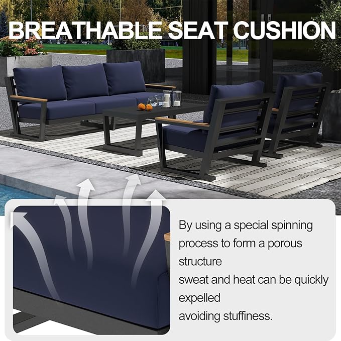 Aluminum Outdoor Sofa,4 Seats Modern Patio Furniture Set,Sectional Sofa Conversation Set with Coffee Table, Upgraded Washable Cushions for Garden Backyard,Blue