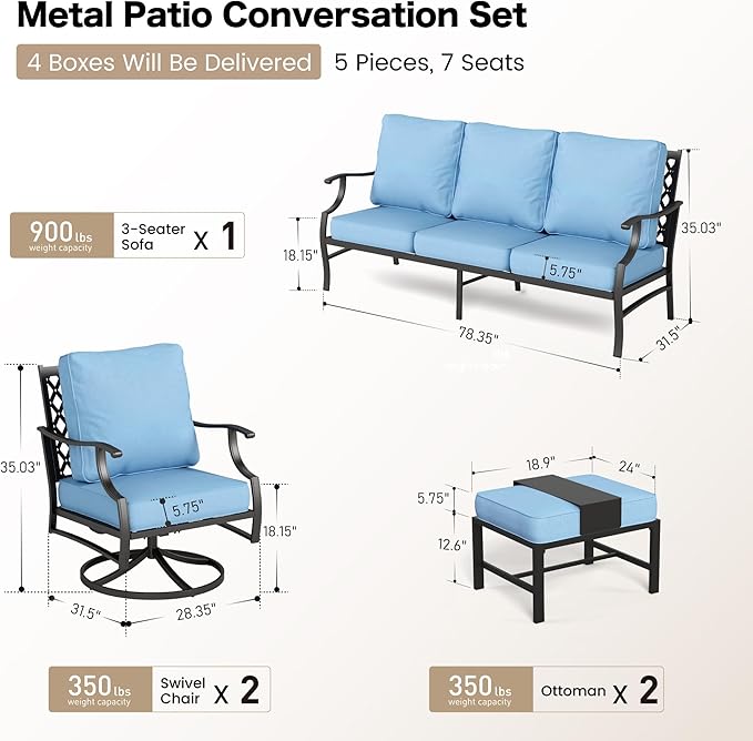 5 Piece Metal Outdoor Patio Furniture Sets, Patio Conversation Sets 1 3-Seater Sofa, 2 Swivel Chairs, 2 Ottomans with 5.75" Thick Cushion, Black All-Weather Backyard Furniture, Blue