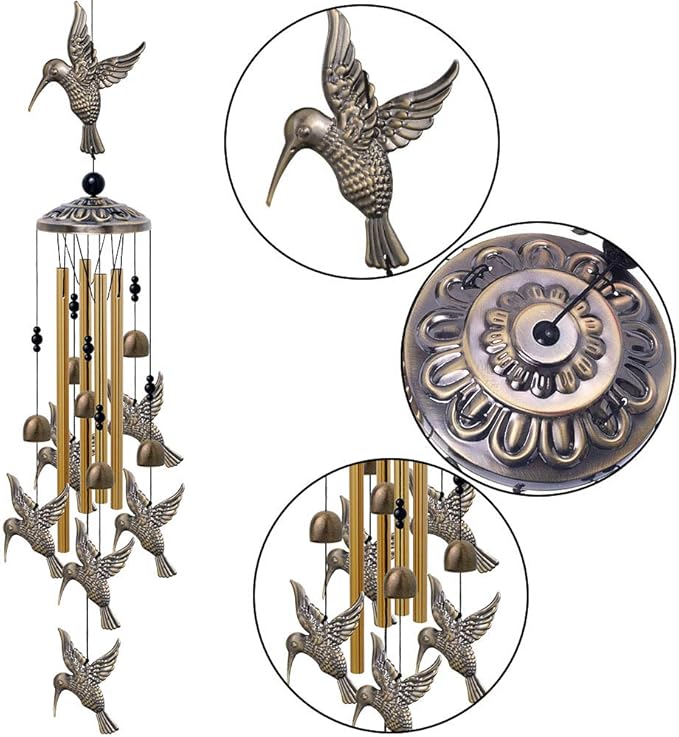 Large Hummingbird Wind Chimes Outdoor Indoor Decor -With 4 Tubes 6 Bells 7 Hummingbirds, Mobile Wind Catcher, Hummingbird Wind Bell for Home, Xmas Mom Gifts, Festival, Balcony, Tree, Garden Decoration