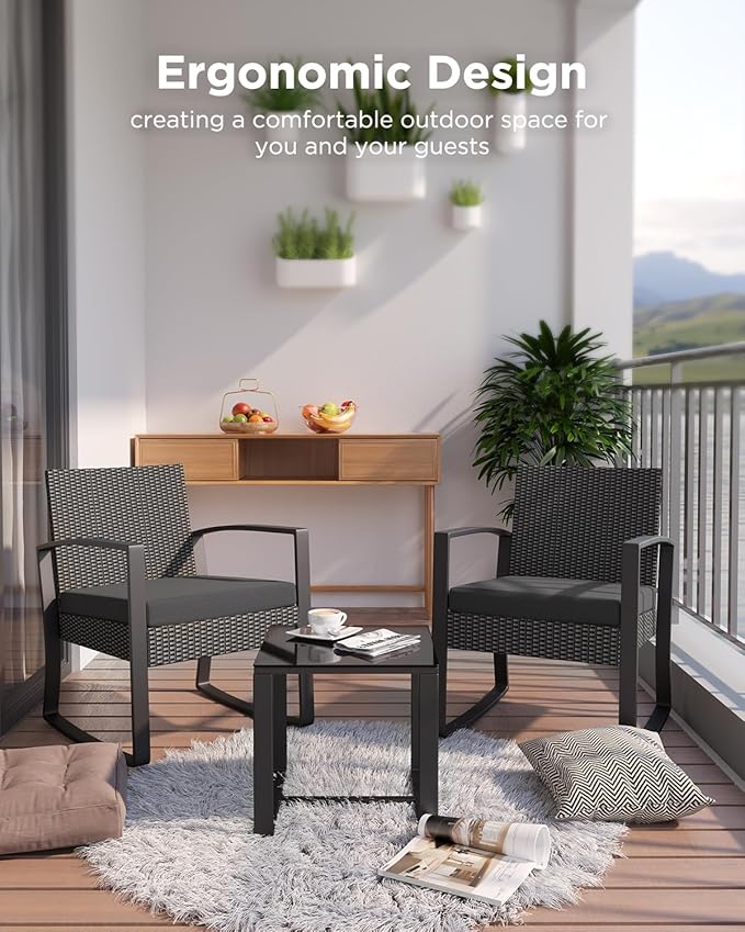 3 Pieces Patio Furniture Set Rocking Bistro Set, Outdoor Patio Furniture Set with Coffee Table for Garden Balcony Backyard Poolside (Black Cushion)