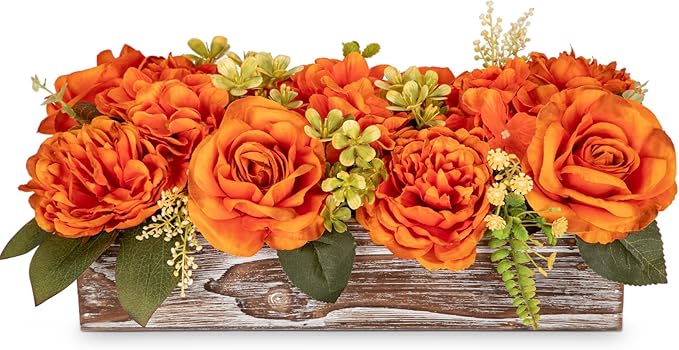 DILATATA Flower Arrangement with Wooden Vase 14" Artificial Flowers in Pot - Fake Flowers Roses Peonies Hydrangeas in Wooden Vase Potted Flower Centerpieces for Table Decor Living Room - Burnt Orange