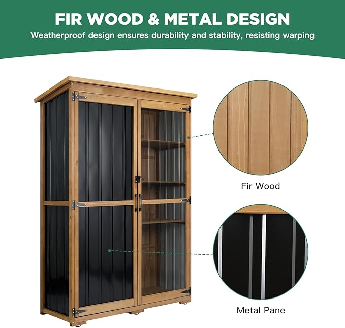 Outdoor Storage Cabinet, Wood & Metal Storage Shed with Weather-Resistant Roof, Double Lockable Doors, Removable Shelves & Adjustable Feet, for Patio, Backyard, Poolside, 46" x 18" x 68"