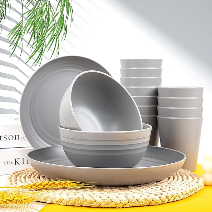 LIYH 48 Pcs Grey Plastic Wheat Straw Dinnerware Set - Plates and Bowls Sets, Camping Dish Set for 12, Unbreakable Dishwasher Safe Wheat Straw Plates Bowls Reusable 12 Guests