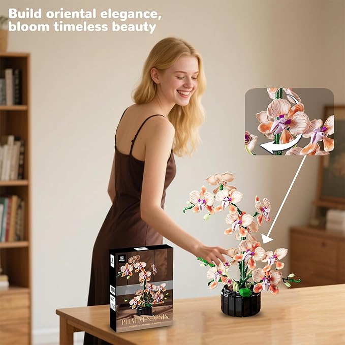Orchid Building Sets Artificial Flowers Plant Gifts for Her Adults Girls Botanical Collection for Home Kitchen Desk Decor