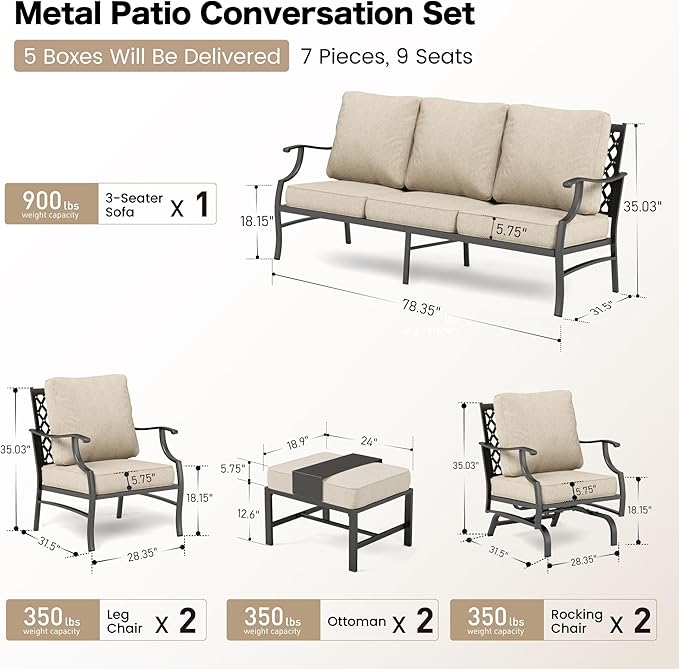 Patio Furniture Set, Modern Metal Outdoor Patio Furniture, 3 Seater Sofa, 2 Fixed Chairs, 2 Rocking Chairs, 2 Ottomans and 5.75" Extra Thick Cushion, Patio Conversation Set for Garden