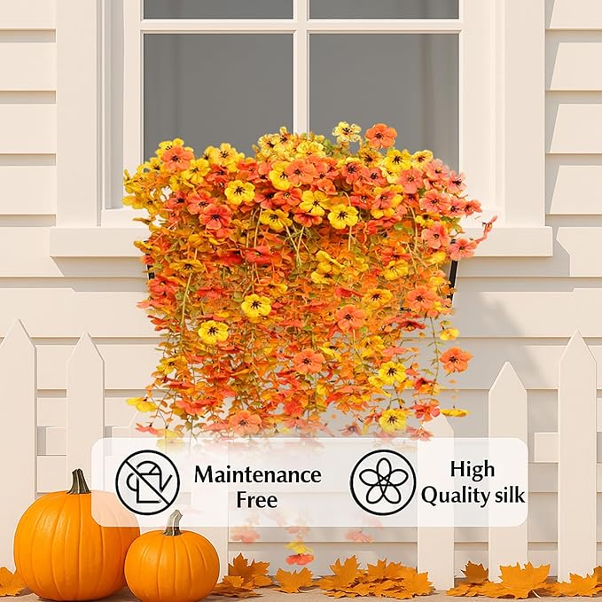 8PCS Hanging Fake Mums for Fall Decor,UV Resistant Artificial Flowers,Faux Mums for Outdoor Planters,Fall Flowers Artificial Decorations for Porch, Patio (OrangeYellow)